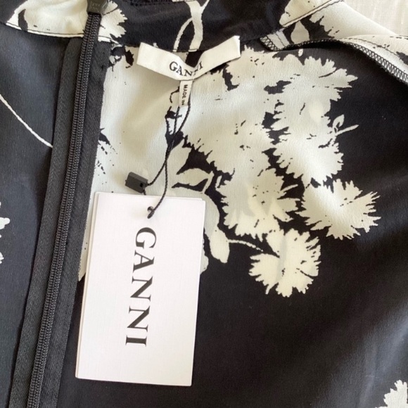 Ganni Black/White Silk Floral Print Long Sleeves Dress 2/34 - Picture 9 of 10